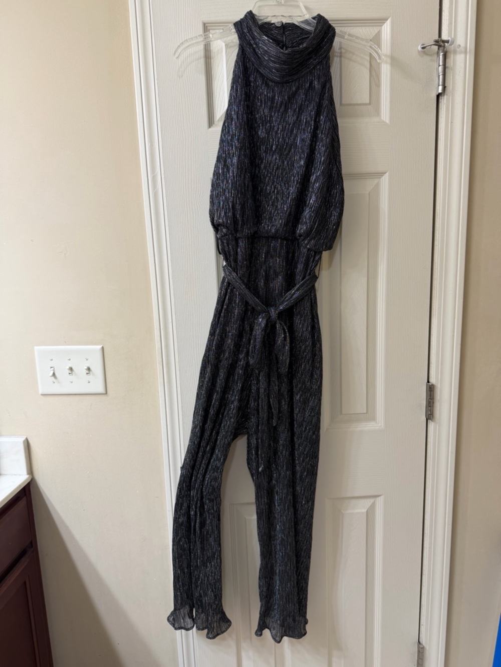 Glamour Black Metallic Halter Tie-Waist Jumpsuit